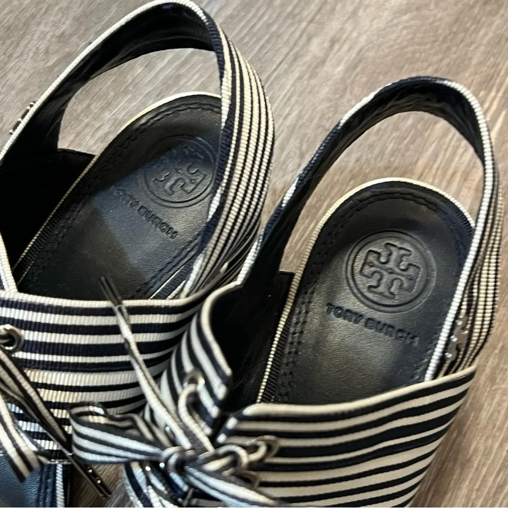 Tory Burch Black (Navy Blue) and White Striped Slingback Sandals with Tie Detail